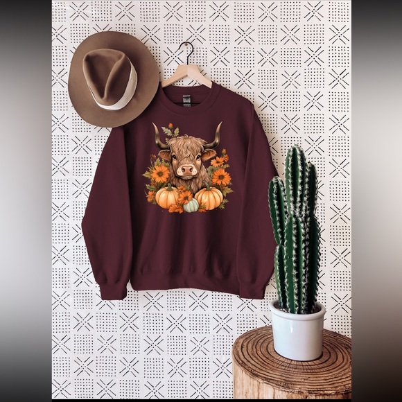 ➕ 🍂🍁 Fall Gildan Highland Cow Pumpkin Sweatshirt Sz 2XL - Picture 2 of 4